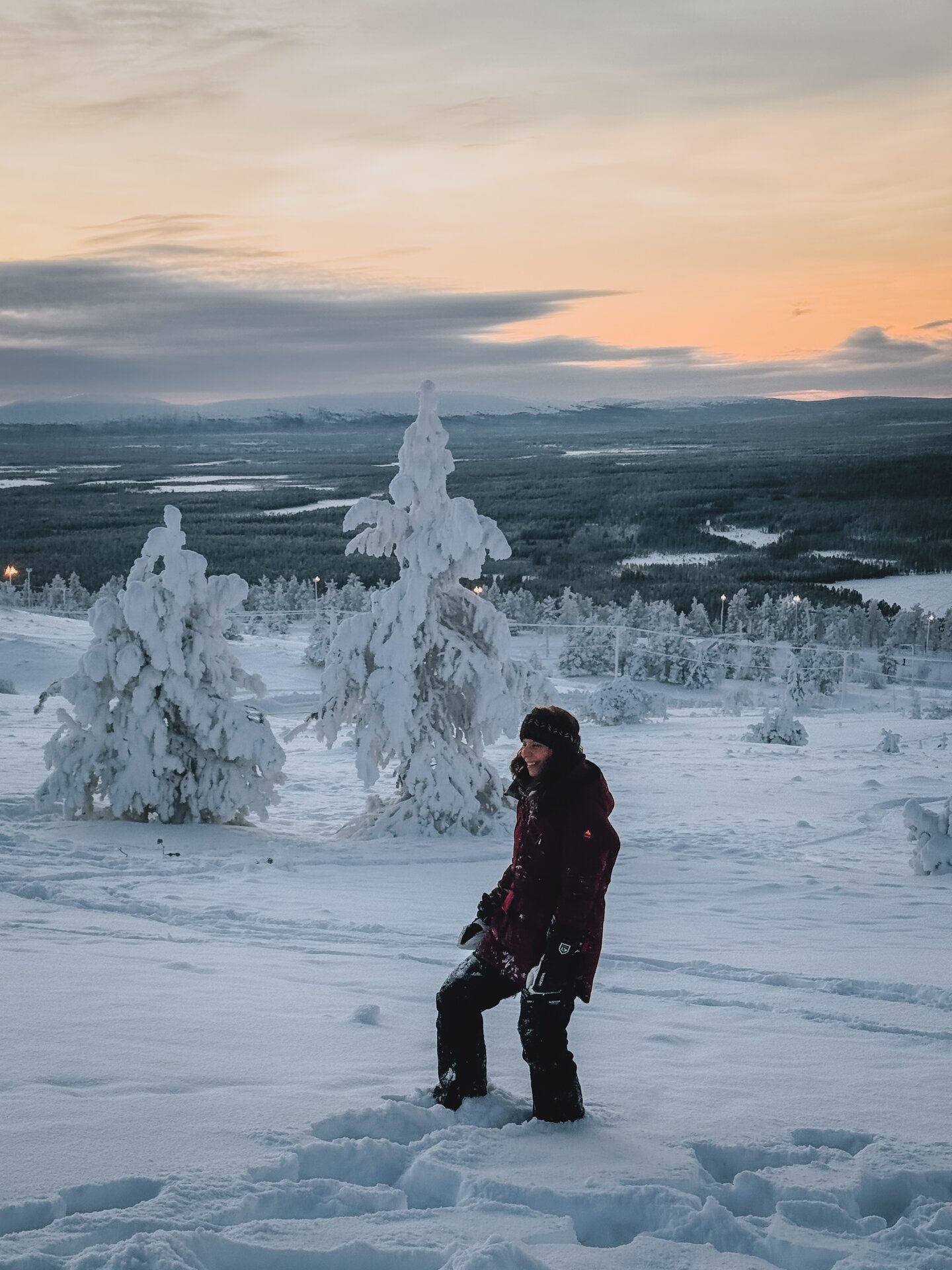Pink winter light over the snow-covered summit and forest above Levi, Finnish Lapland.