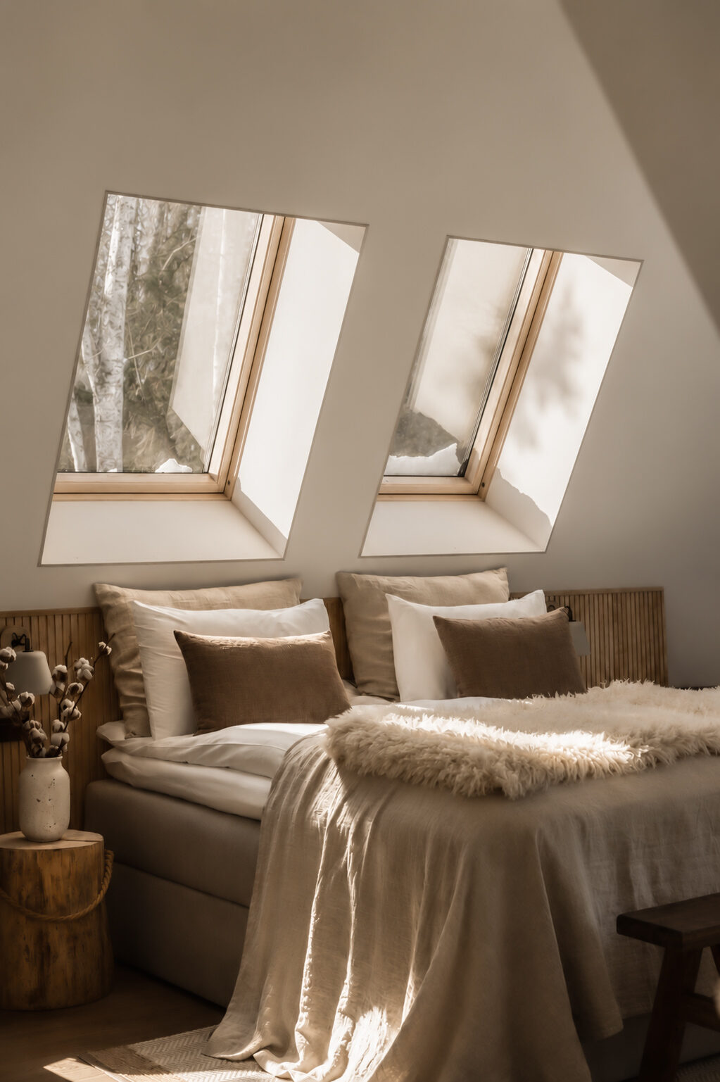 The king bed inside the forest cabin at Sixty Eight North, soft linen bedding and warm timber walls, forest light through the gable window.