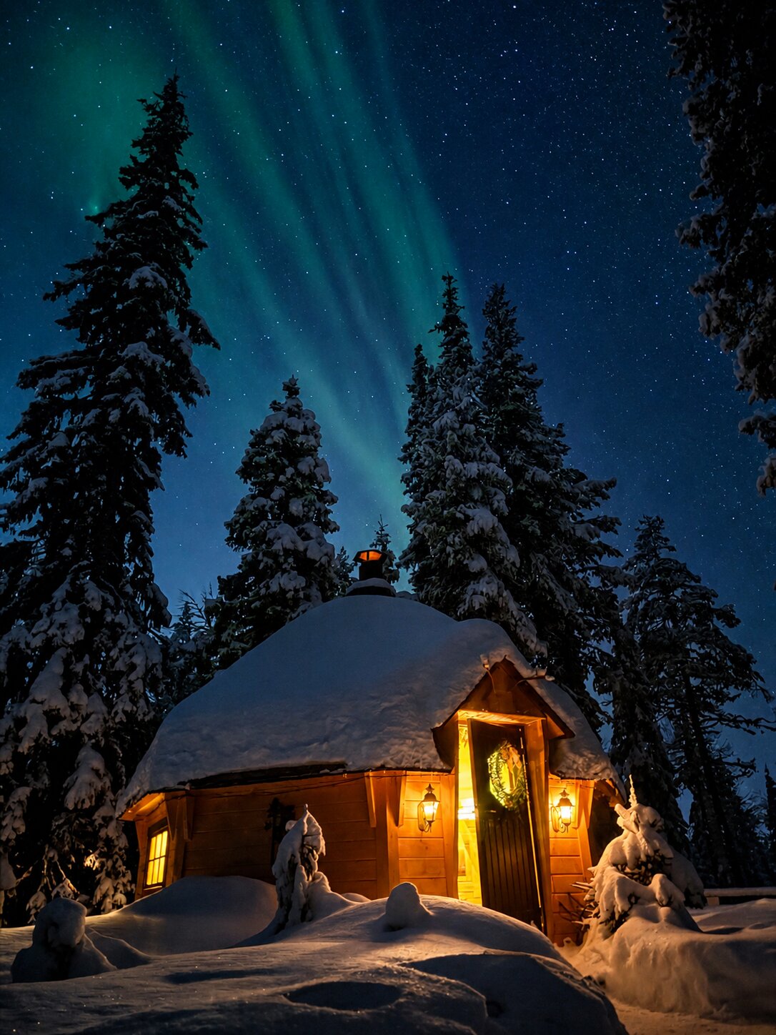 A wooden kota glowing warm in the snow at night, the aurora pouring green across the arctic sky.