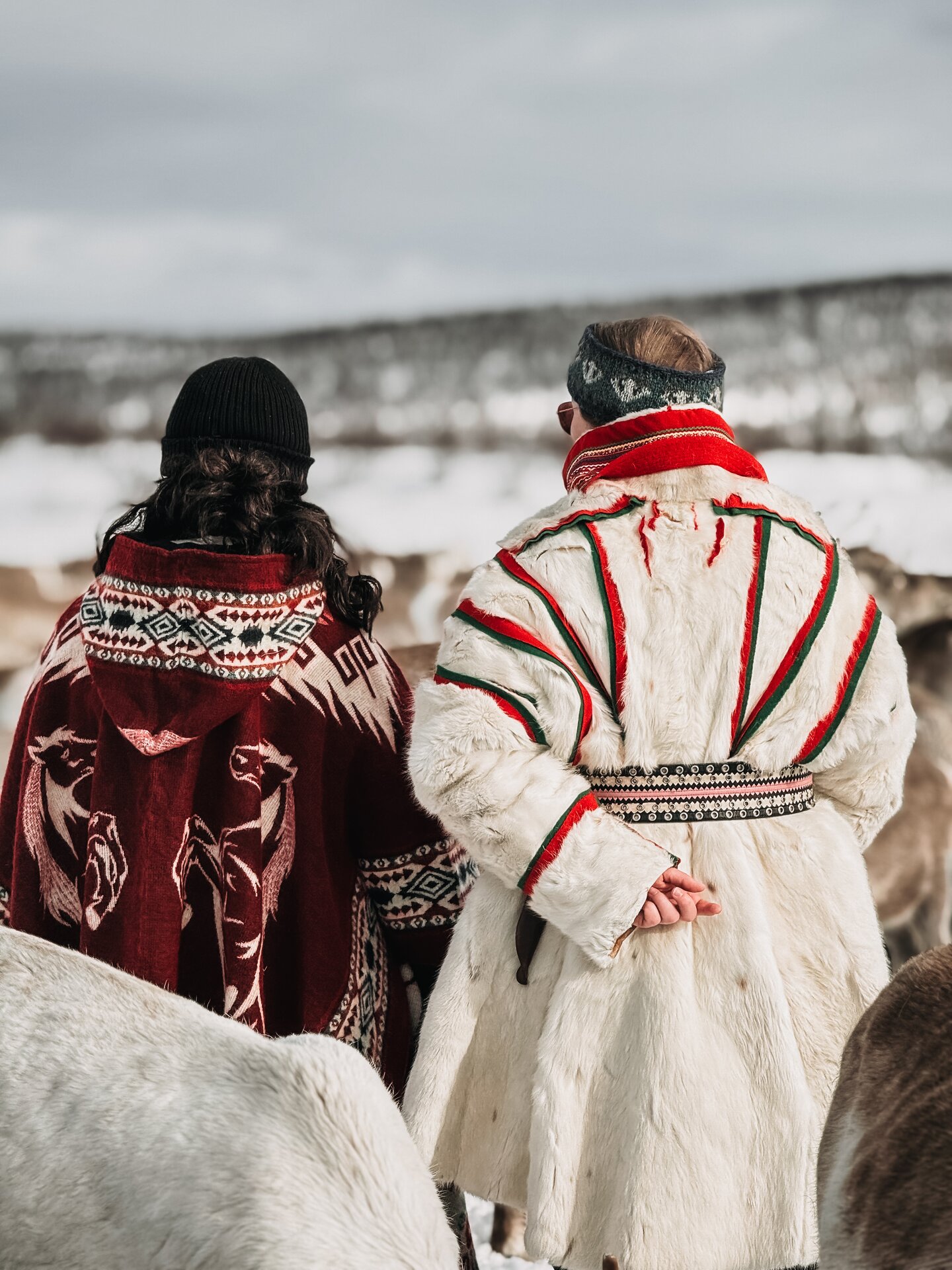 Two figures in traditional Sámi gákti standing among reindeer on the snowy tundra, seen from behind.